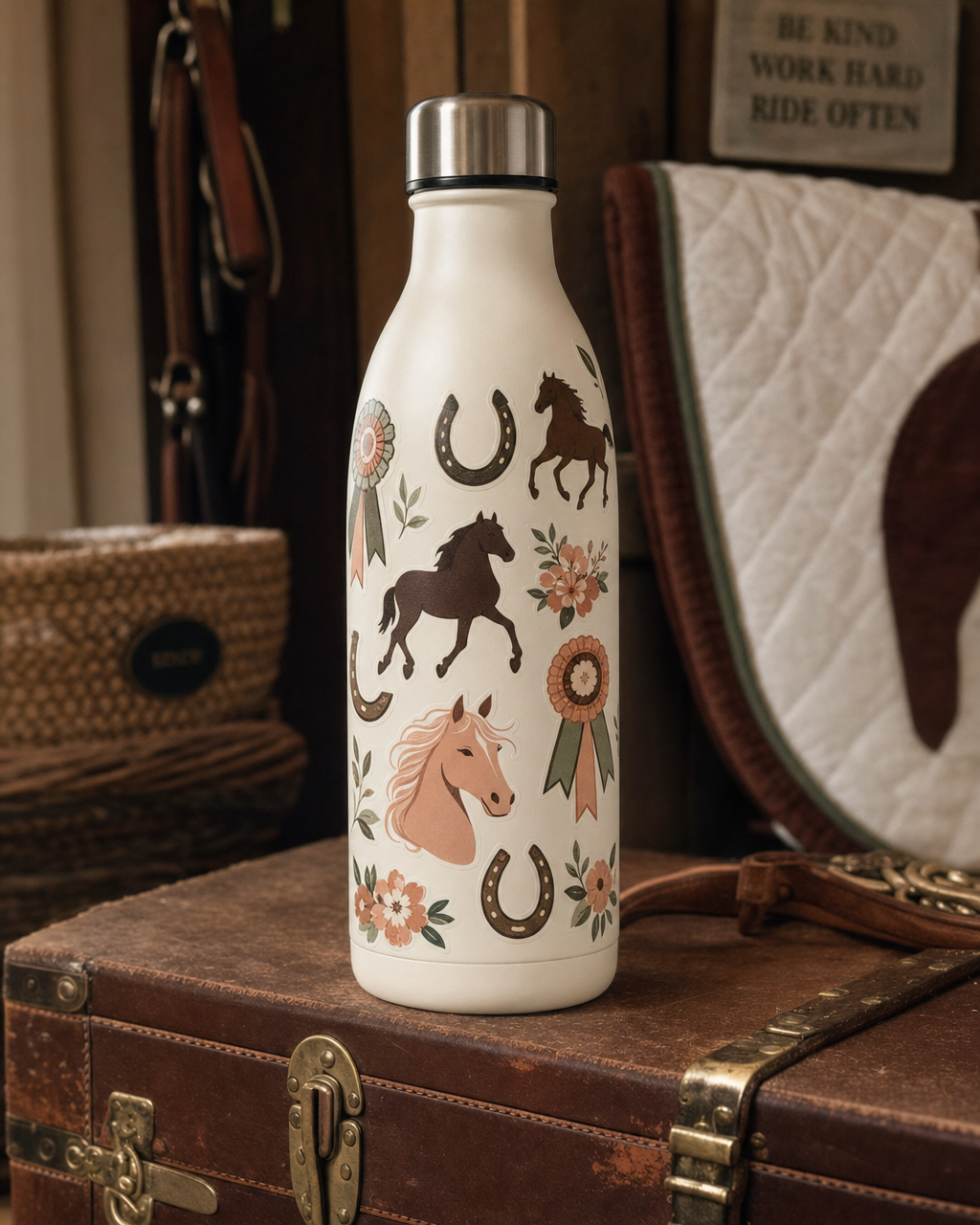 Stickers applied to a cream water bottle on a tack trunk