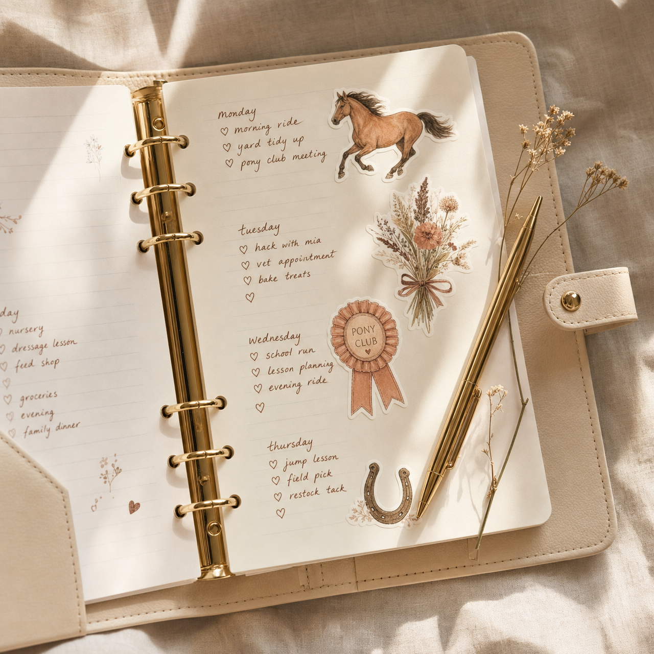 Stickers decorating an open cream leather planner